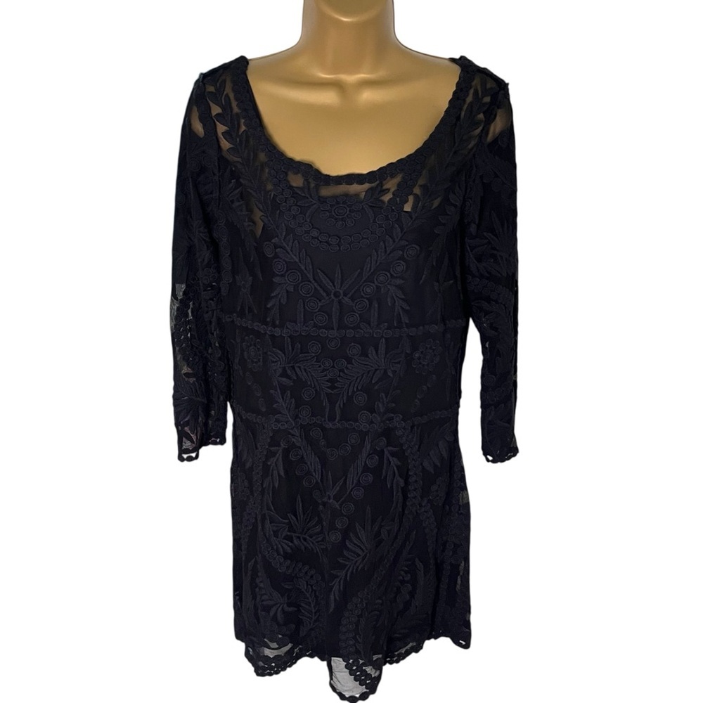 Express Embroidered Mesh Mini Dress Lace Overlay Sheer Sleeves Black M